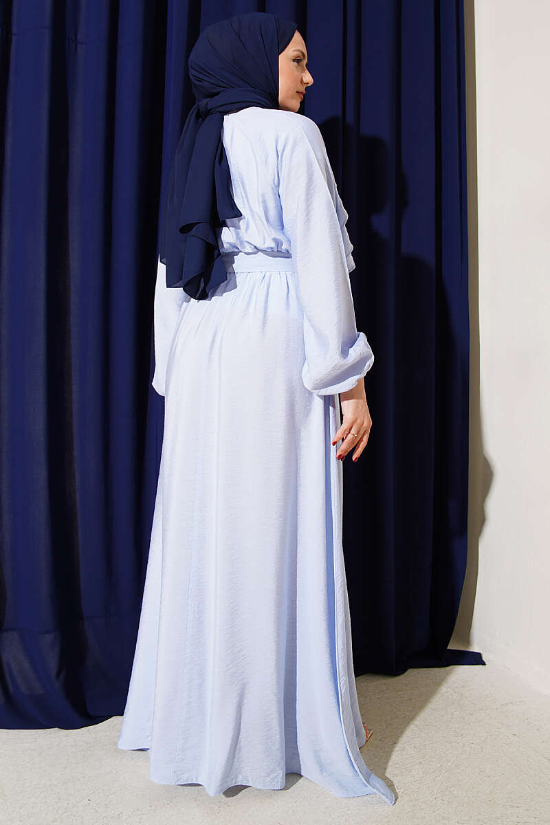 Belted Ruffle Dress with Elastic Waist - Blue