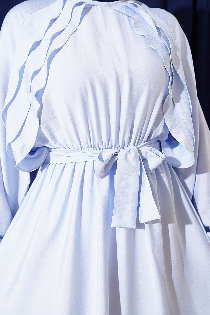 Belted Ruffle Dress with Elastic Waist - Blue