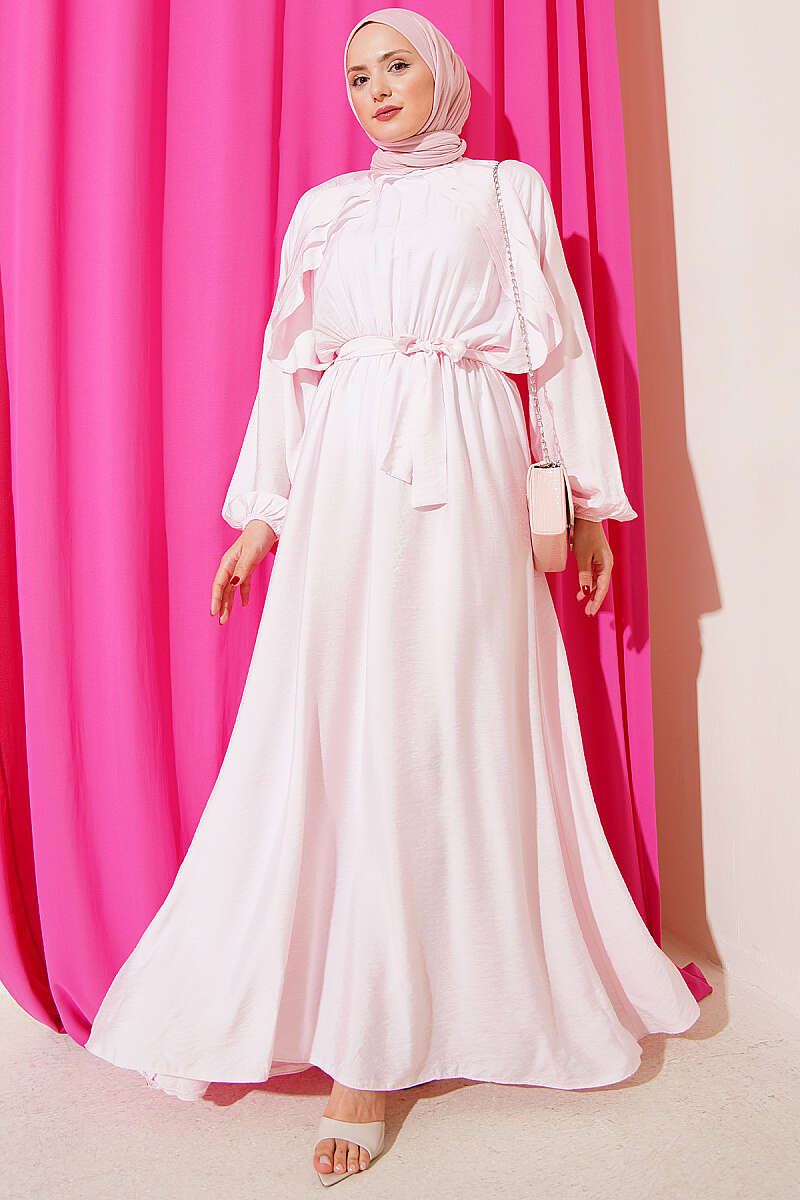 Belted Ruffle Dress with Elastic Waist - Pink
