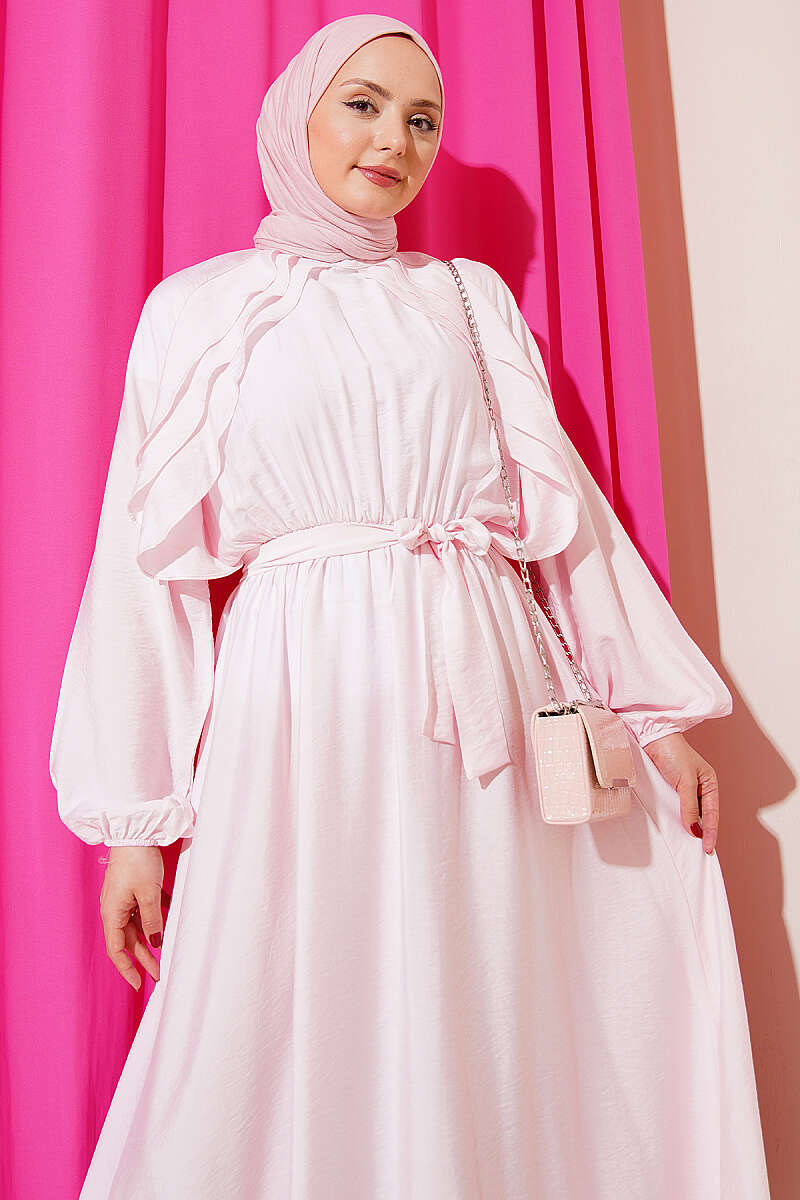 Belted Ruffle Dress with Elastic Waist - Pink