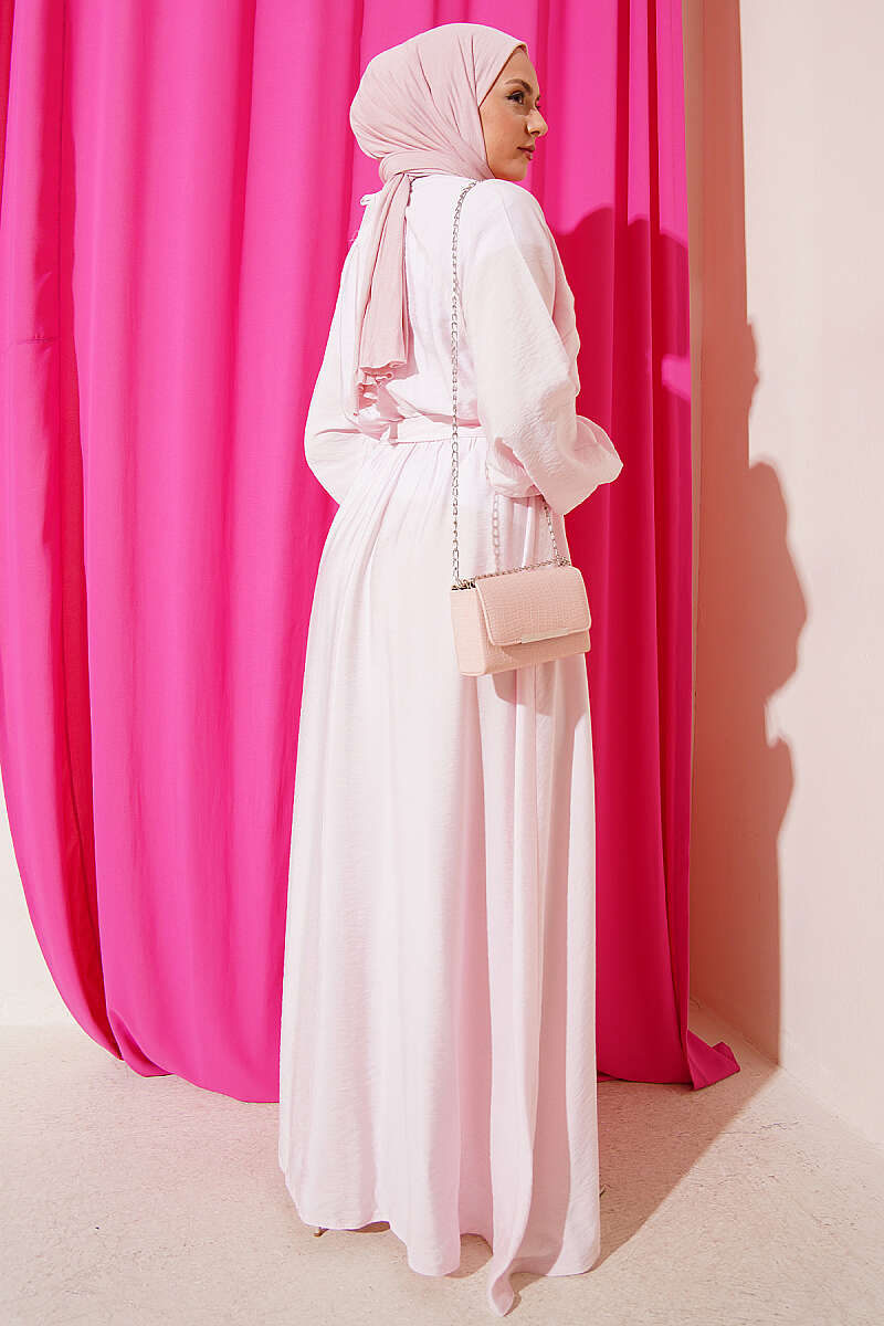Belted Ruffle Dress with Elastic Waist - Pink
