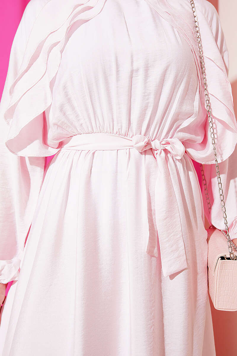 Belted Ruffle Dress with Elastic Waist - Pink