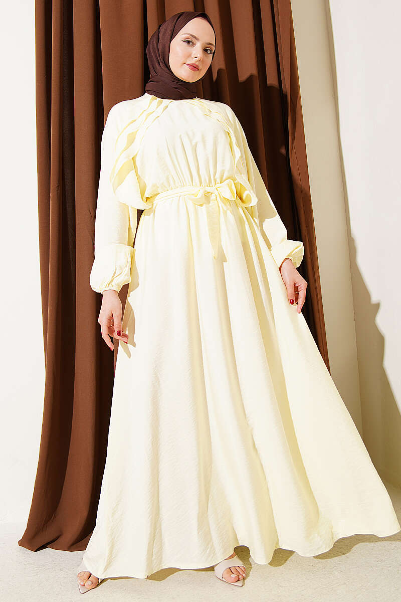 Belted Ruffle Dress with Elastic Waist - Yellow