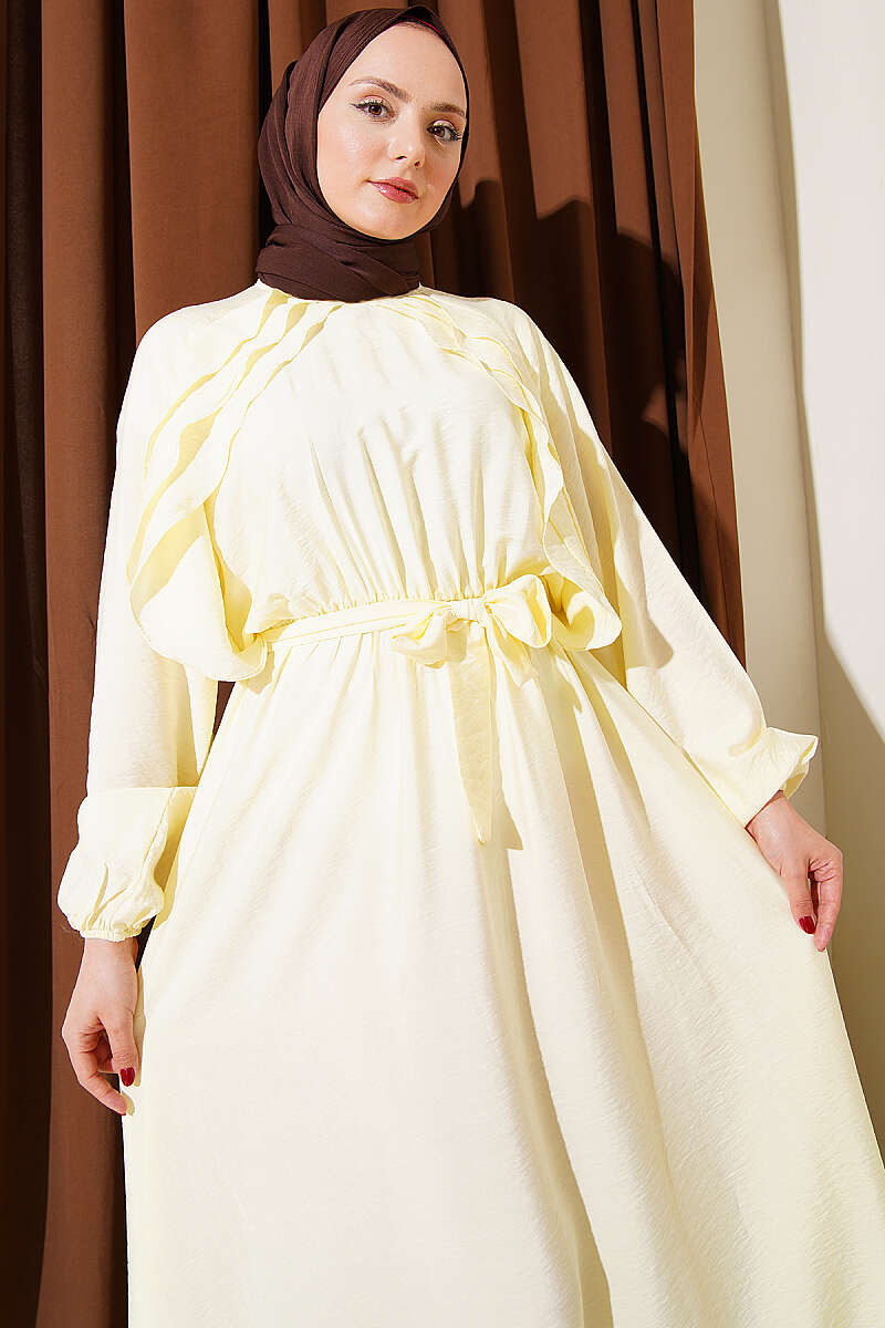 Belted Ruffle Dress with Elastic Waist - Yellow