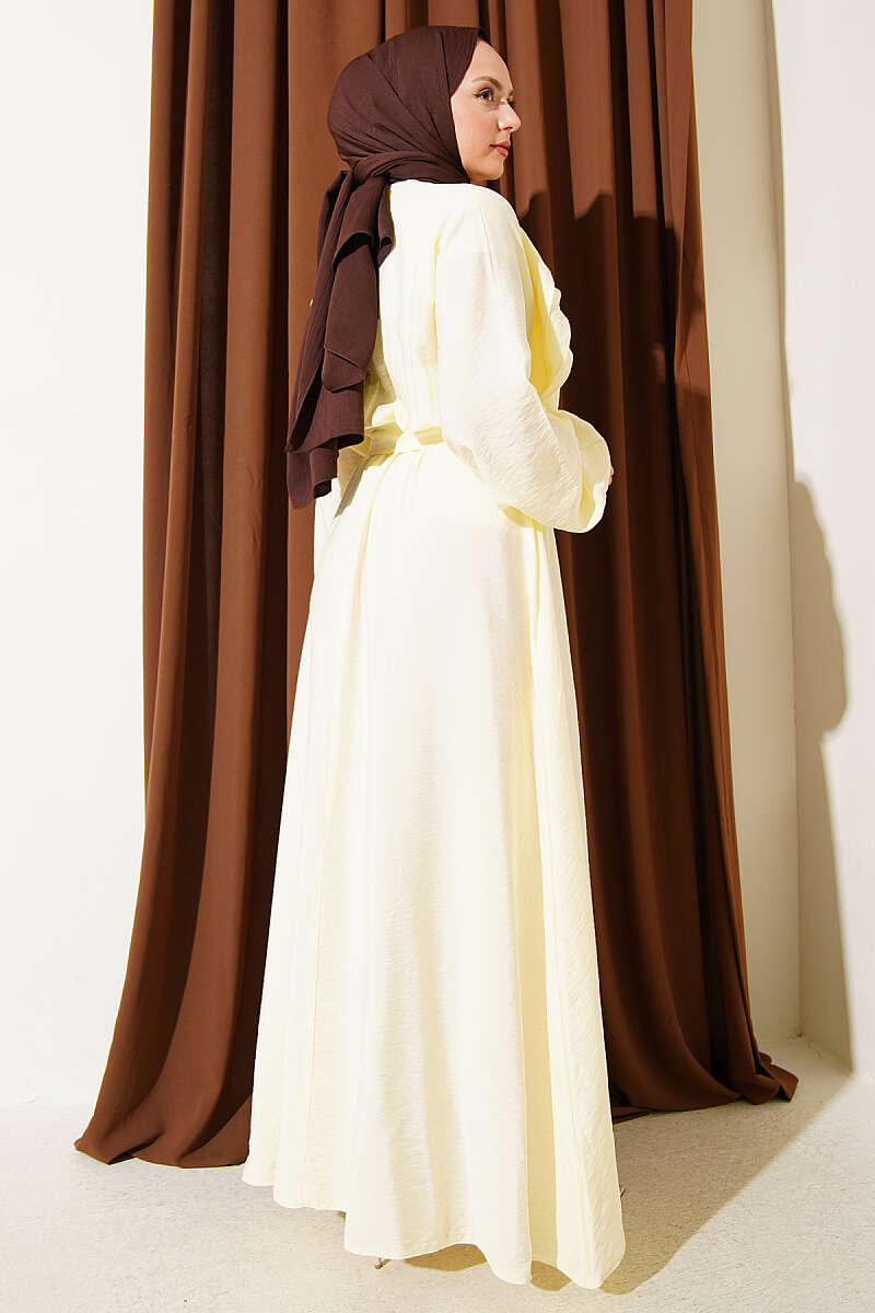 Belted Ruffle Dress with Elastic Waist - Yellow