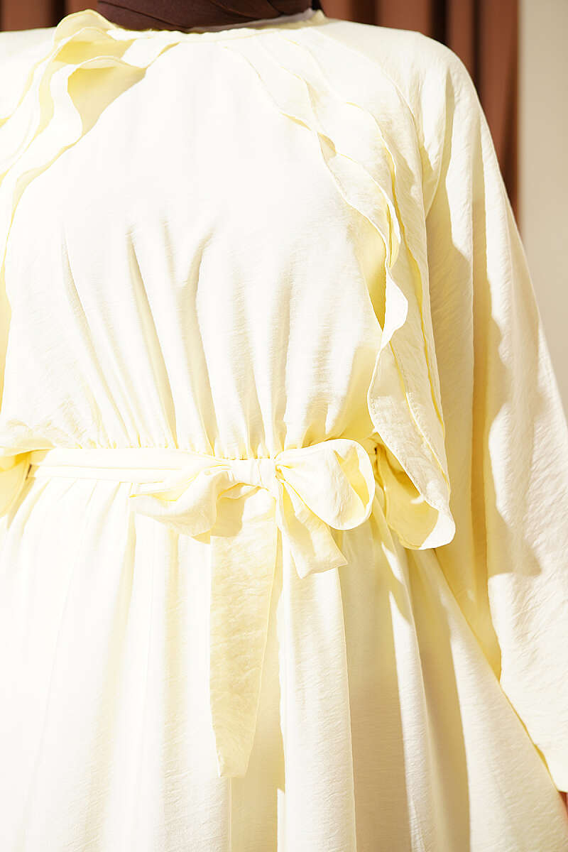Belted Ruffle Dress with Elastic Waist - Yellow