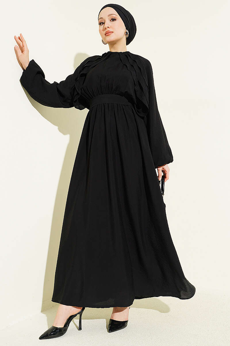 Belted Ruffle Dress with Elastic Waist - Black