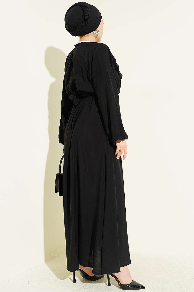 Belted Ruffle Dress with Elastic Waist - Black