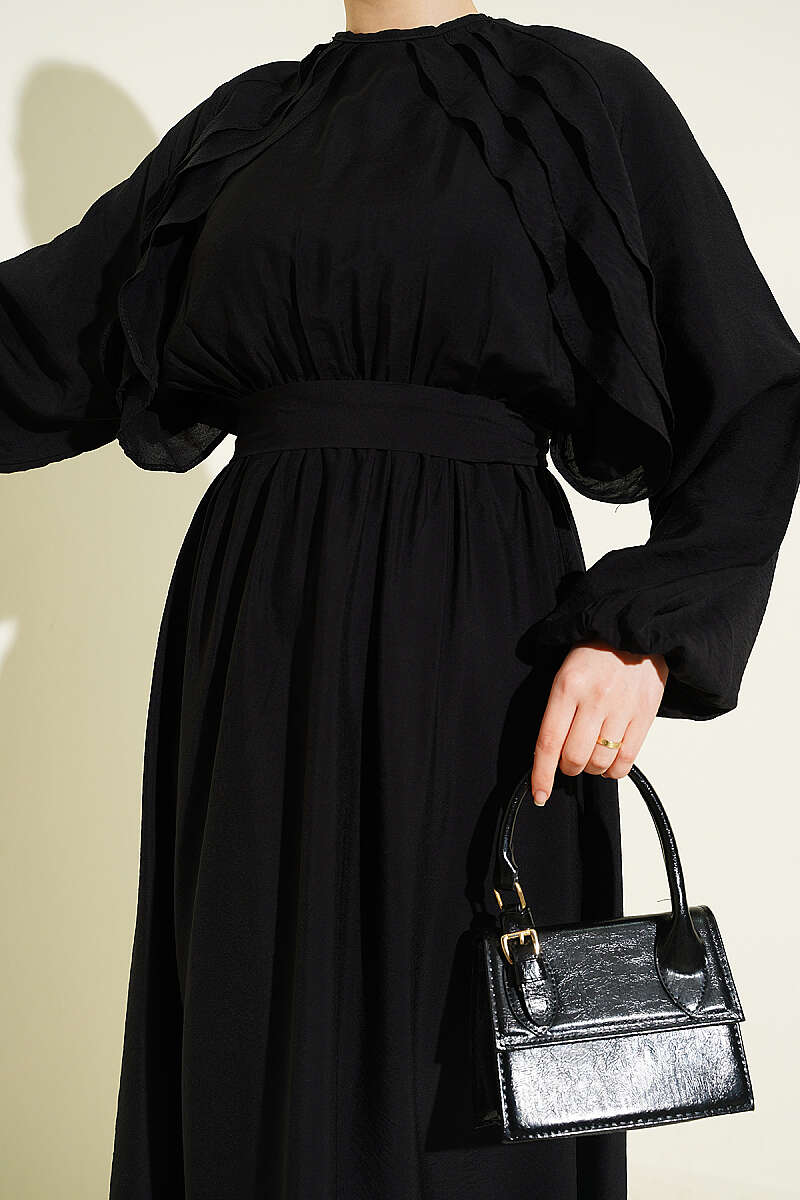 Belted Ruffle Dress with Elastic Waist - Black
