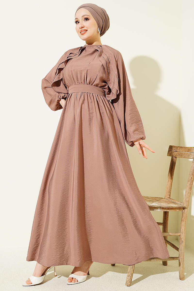 Belted Ruffle Dress with Elastic Waist - Mink