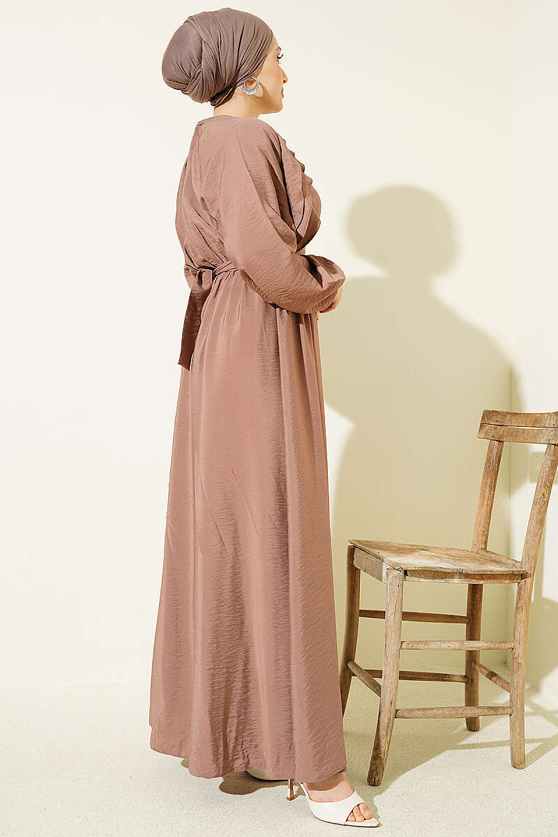 Belted Ruffle Dress with Elastic Waist - Mink