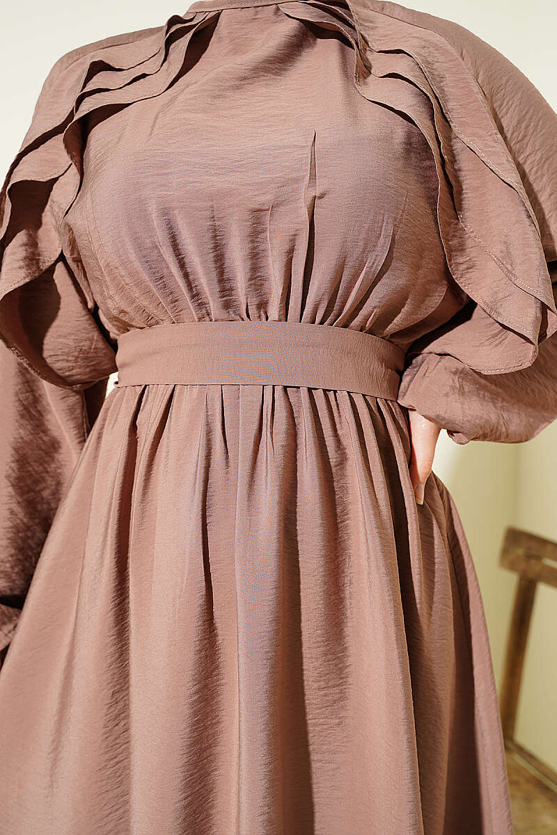 Belted Ruffle Dress with Elastic Waist - Mink