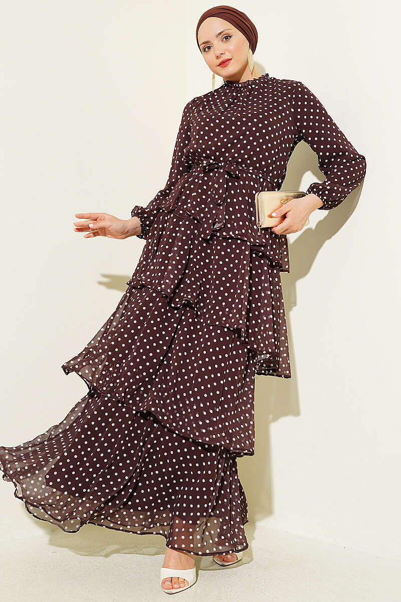 Ruffled Polka Dot Chiffon Dress with Elastic Waist - Brown