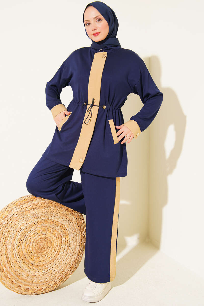 Jersey Two-Piece Set with Trim and Elastic Waist - Navy