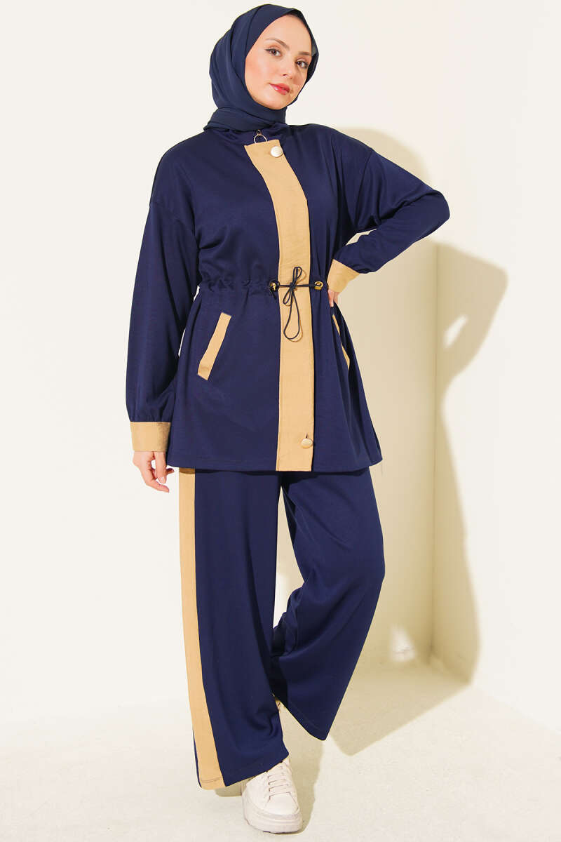 Jersey Two-Piece Set with Trim and Elastic Waist - Navy