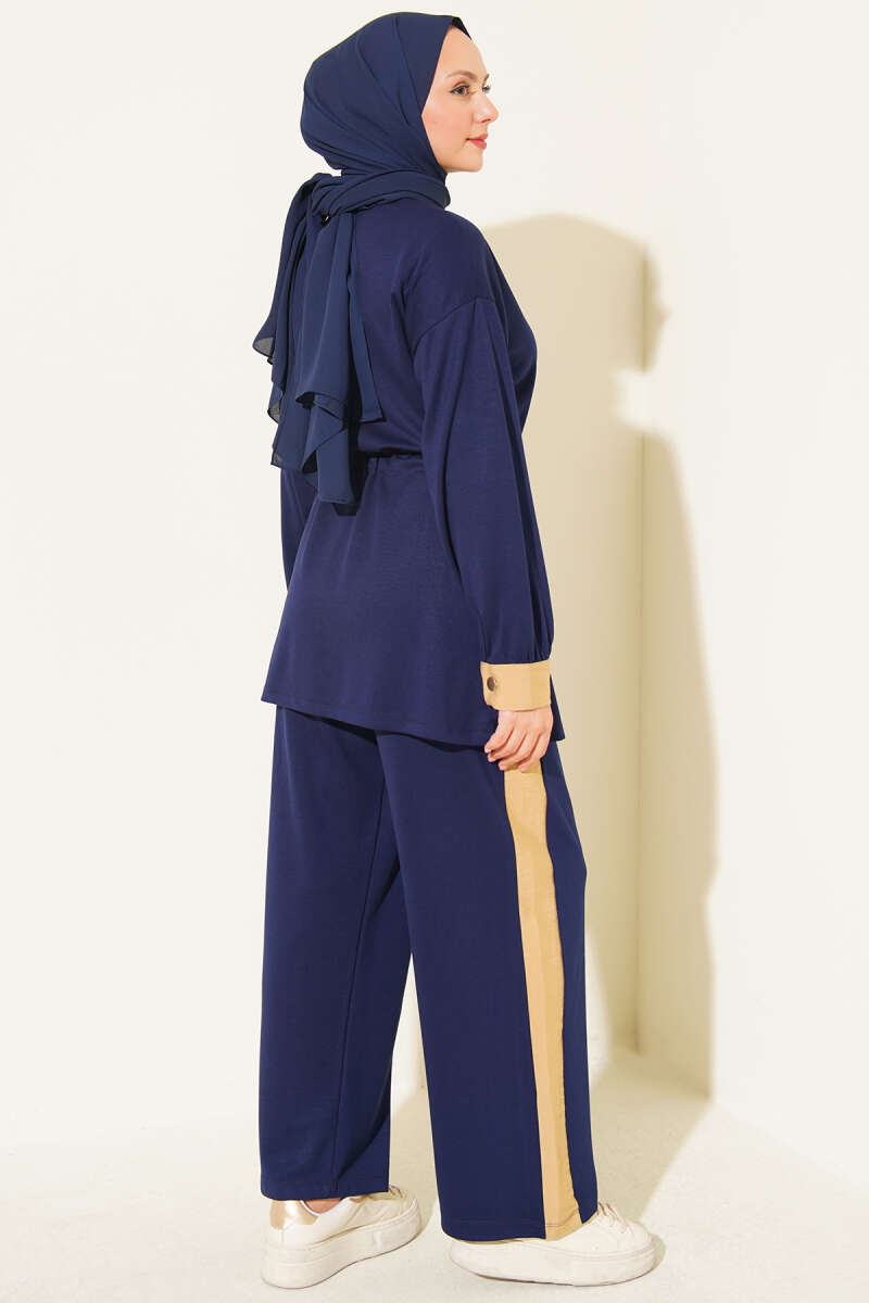 Jersey Two-Piece Set with Trim and Elastic Waist - Navy