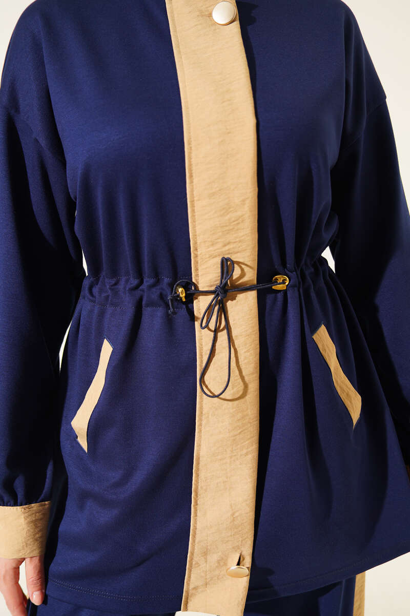 Jersey Two-Piece Set with Trim and Elastic Waist - Navy
