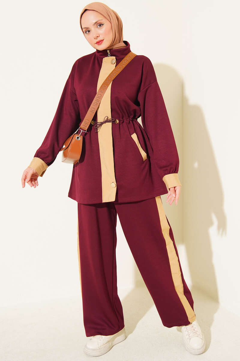 Jersey Two-Piece Set with Trim and Elastic Waist - Plum