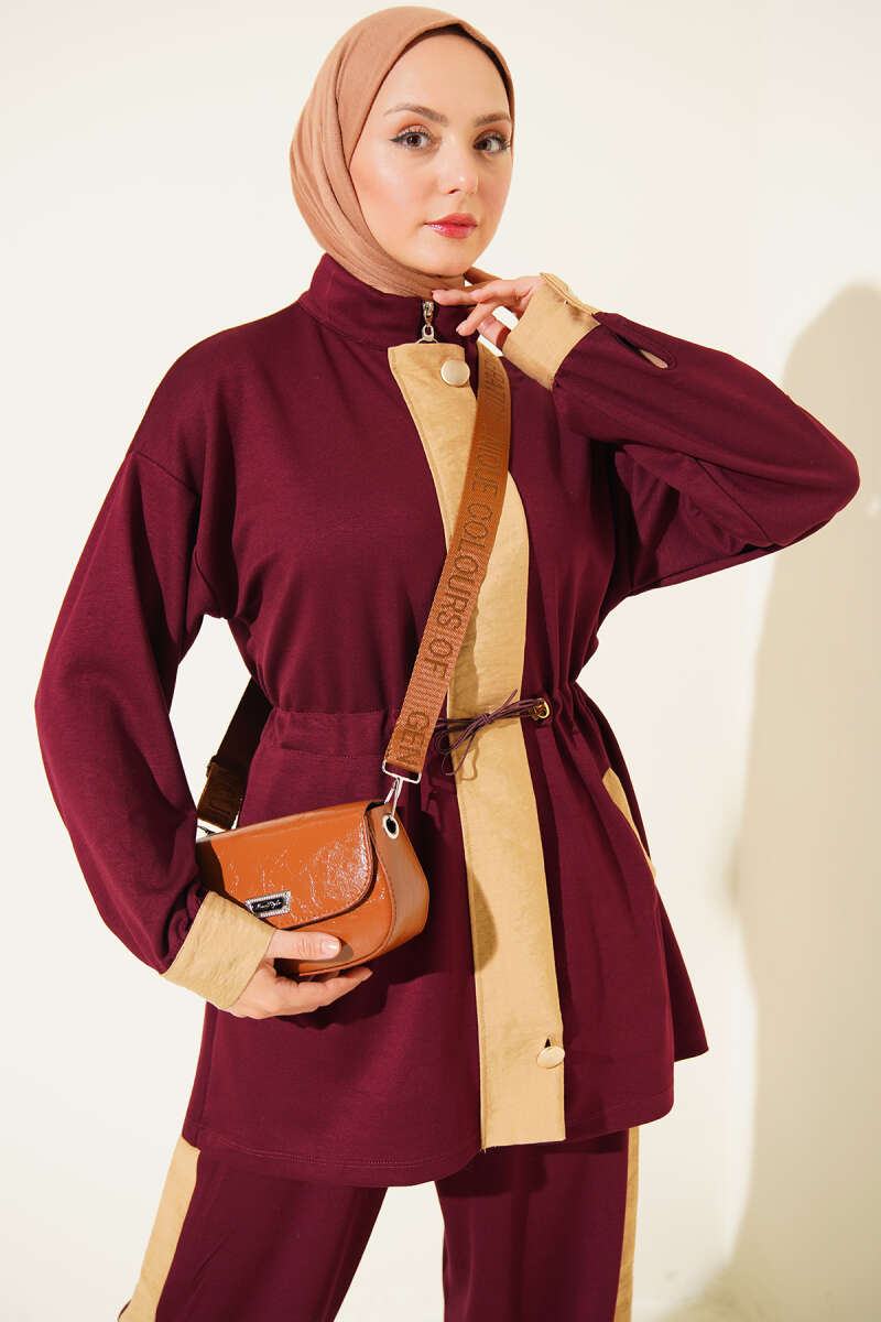 Jersey Two-Piece Set with Trim and Elastic Waist - Plum