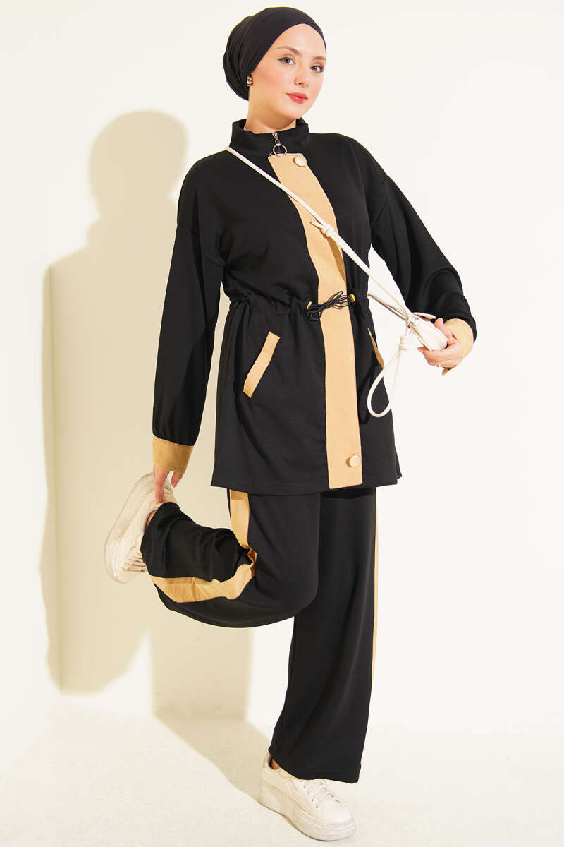 Jersey Two-Piece Set with Trim and Elastic Waist - Black