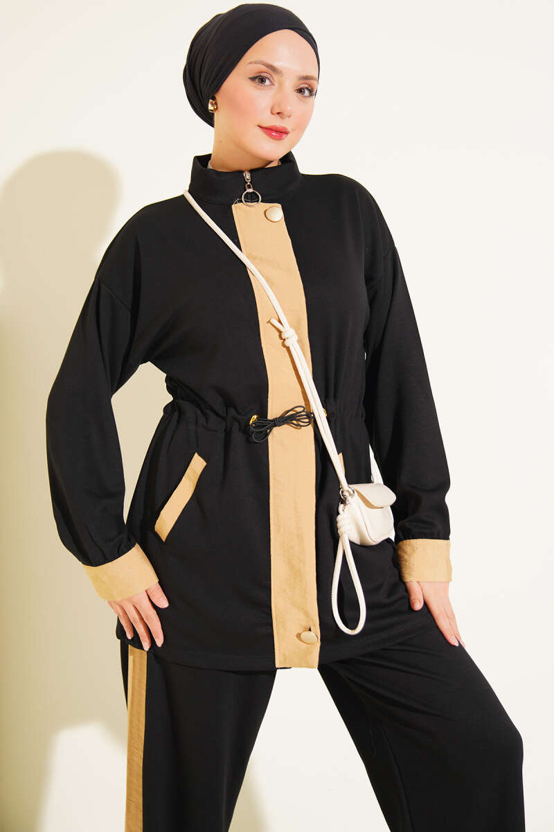 Jersey Two-Piece Set with Trim and Elastic Waist - Black