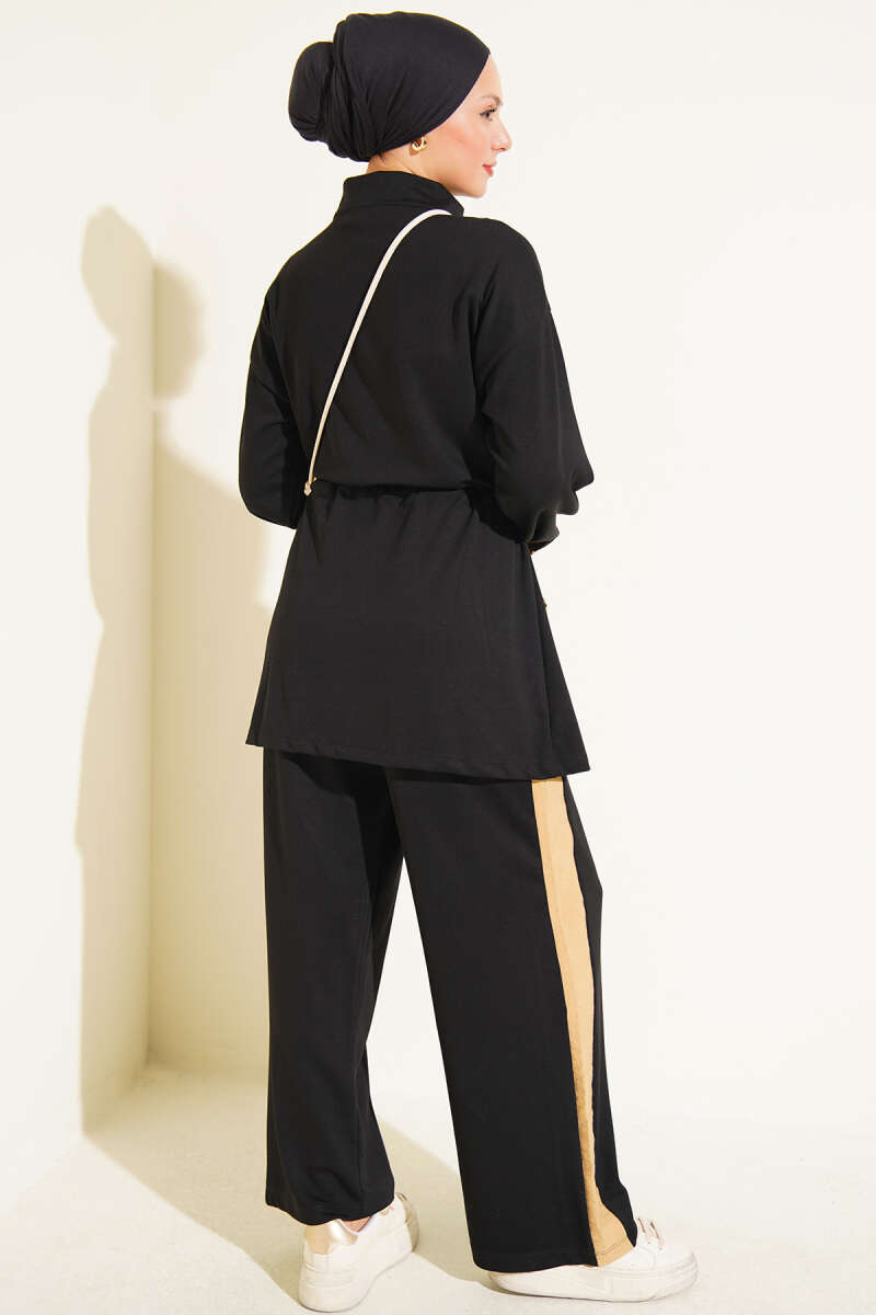 Jersey Two-Piece Set with Trim and Elastic Waist - Black