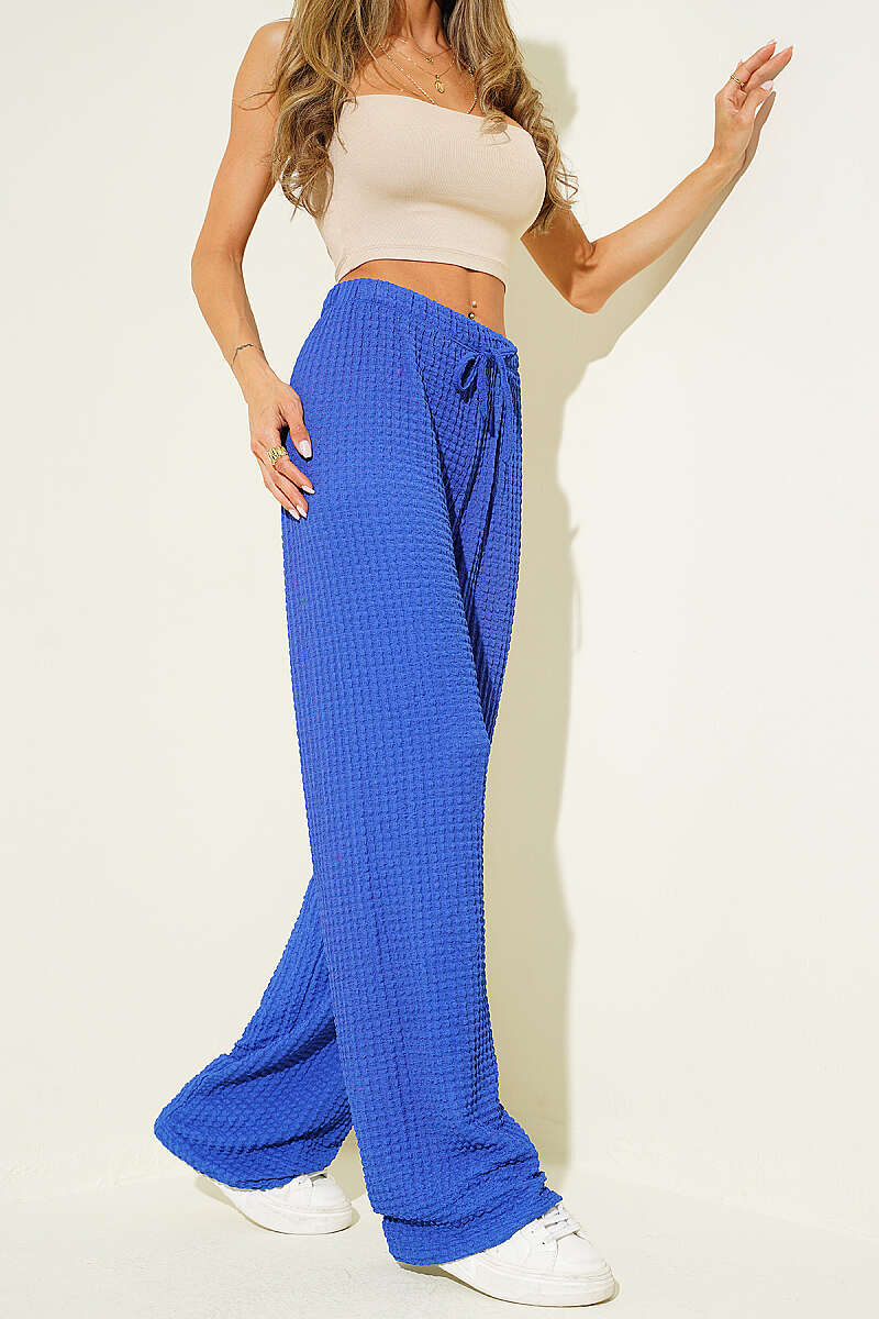 Elastic-Waist Wide-Leg Waffle Pants - Saxe Blue