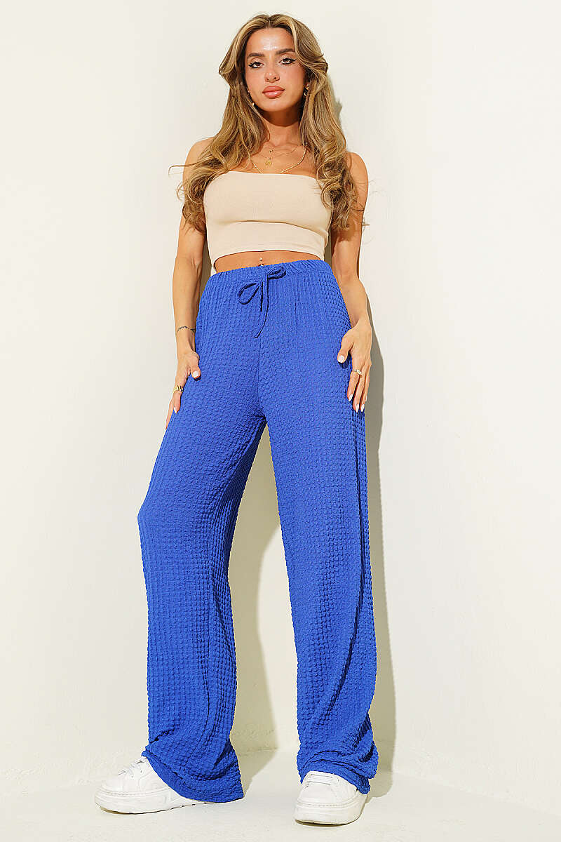 Elastic-Waist Wide-Leg Waffle Pants - Saxe Blue