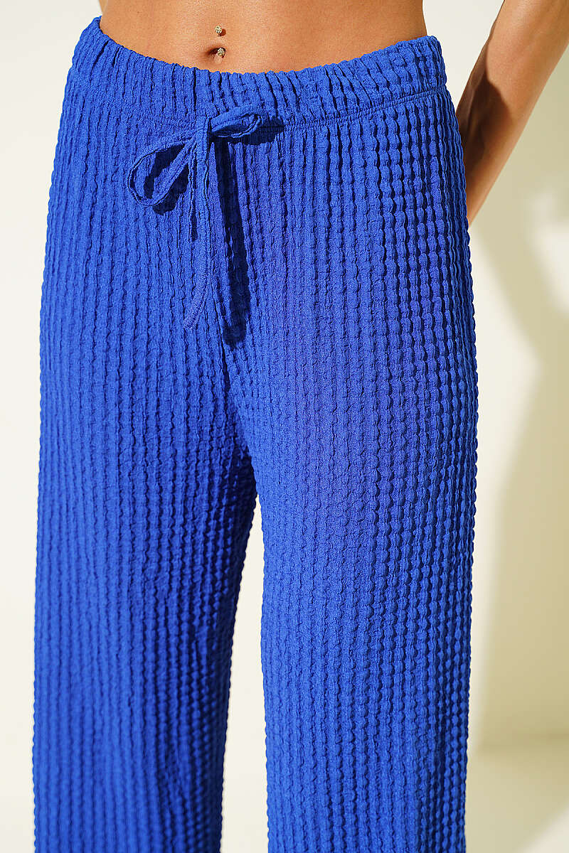 Elastic-Waist Wide-Leg Waffle Pants - Saxe Blue