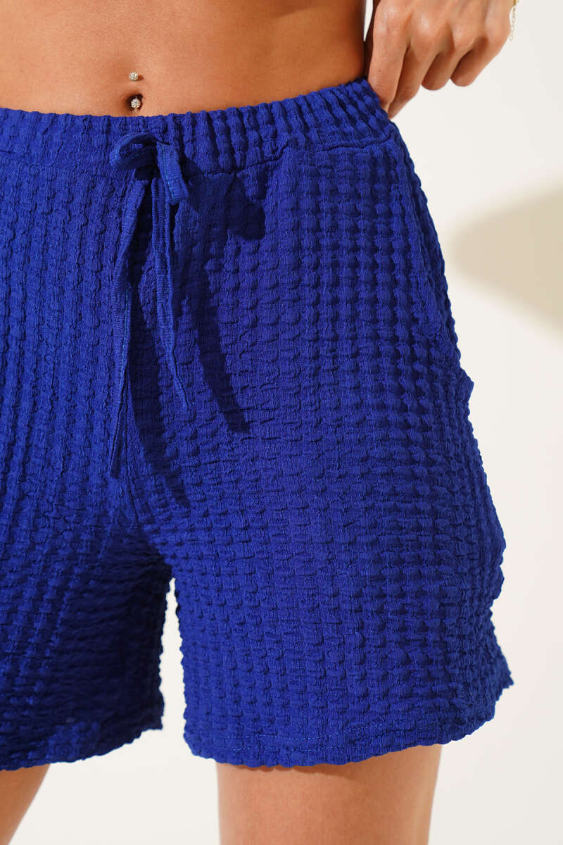 Waffle Shorts with Elastic Waist - Navy