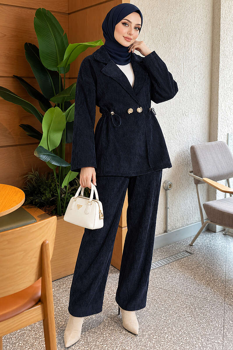 Two-Piece Set with Gold Buttons and Elastic Waist - Navy