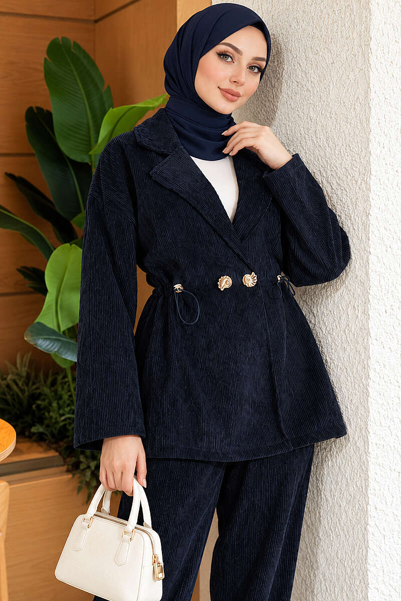 Two-Piece Set with Gold Buttons and Elastic Waist - Navy