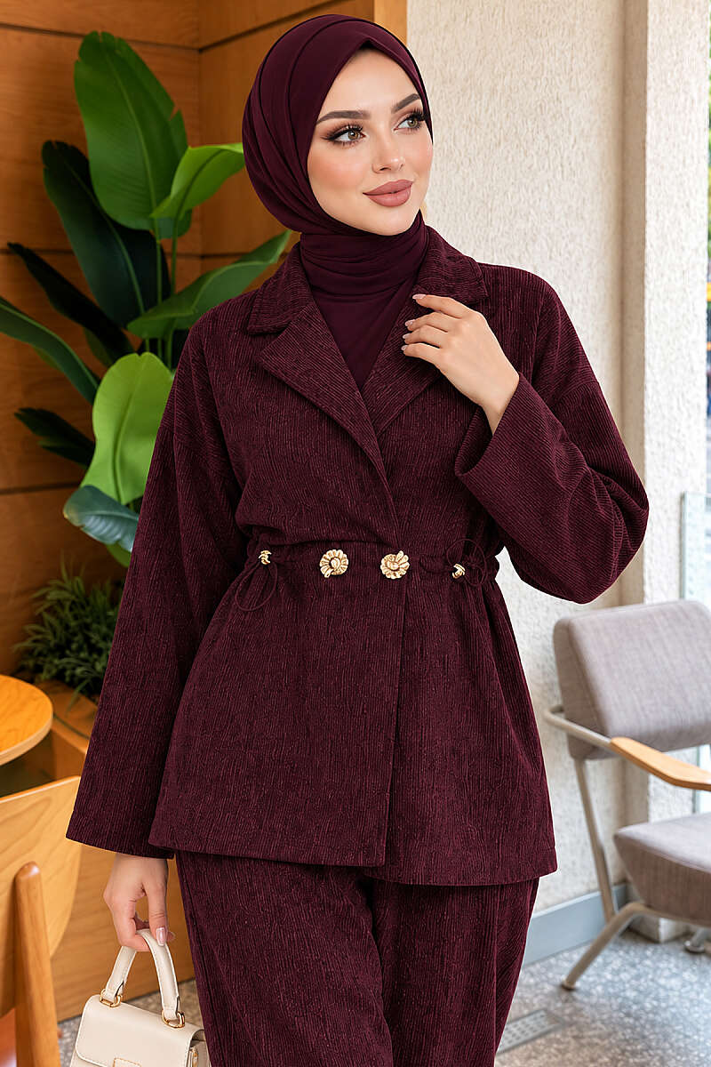Two-Piece Set with Gold Buttons and Elastic Waist - Plum