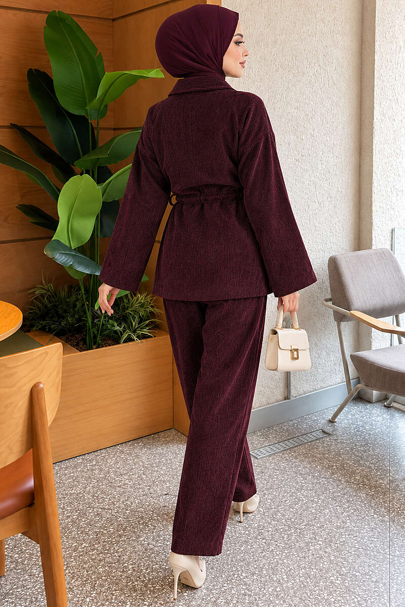 Two-Piece Set with Gold Buttons and Elastic Waist - Plum