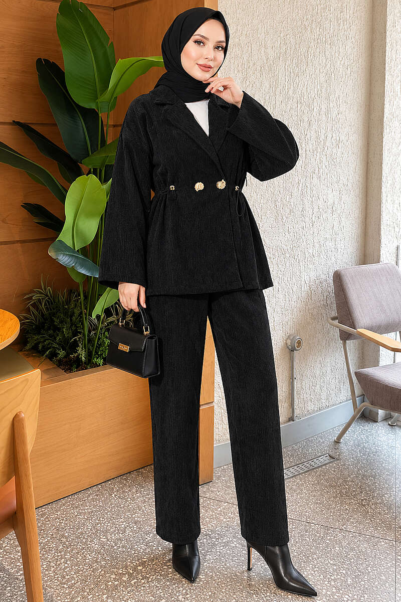 Two-Piece Set with Gold Buttons and Elastic Waist - Black