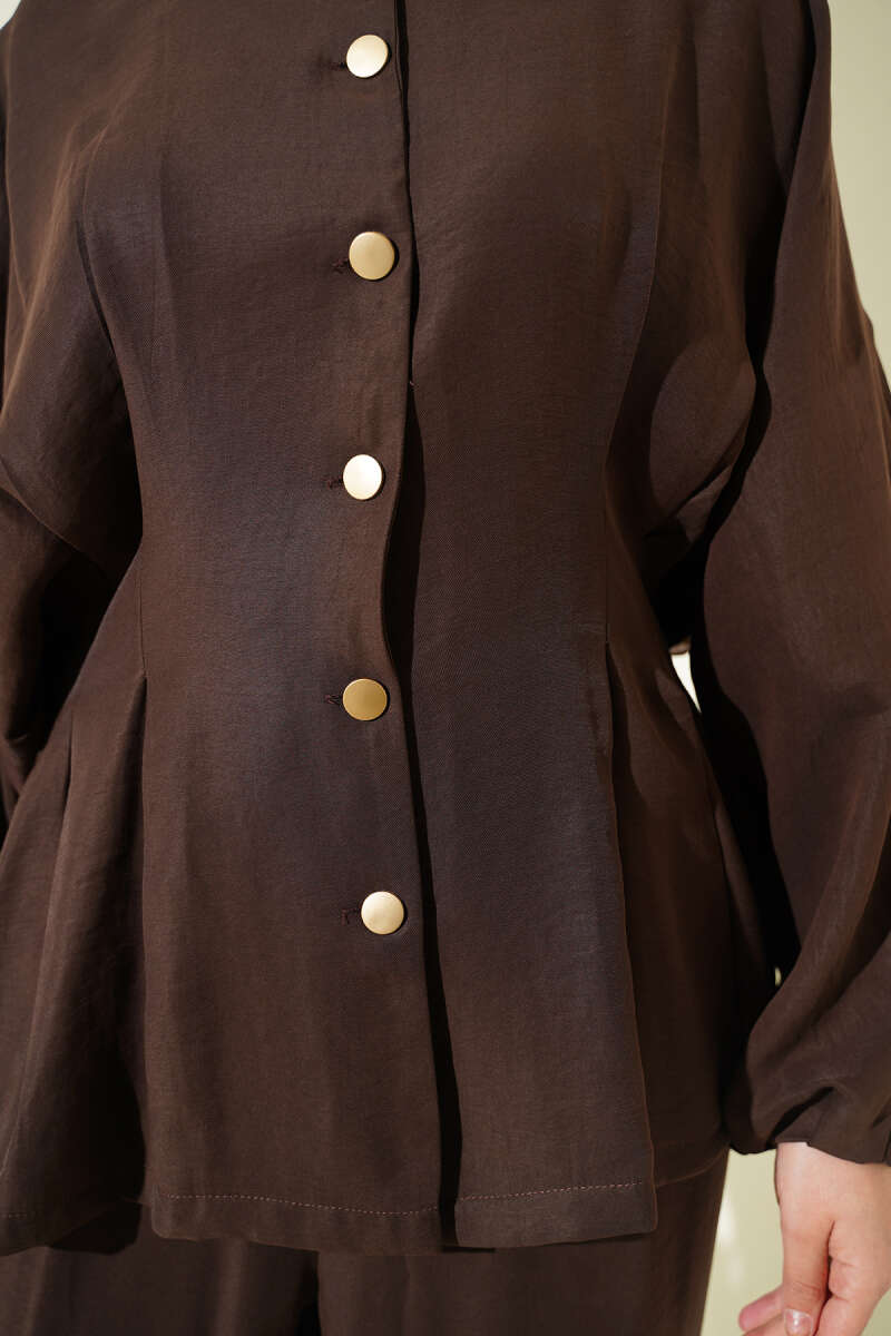 Gold-Button Set with Elastic Waist - Brown