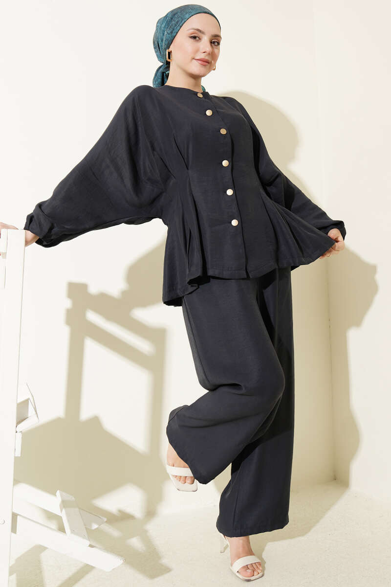Gold-Button Set with Elastic Waist - Navy