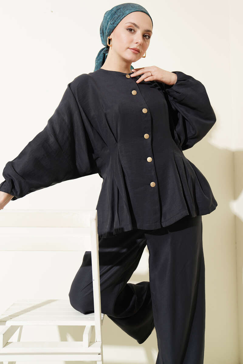 Gold-Button Set with Elastic Waist - Navy