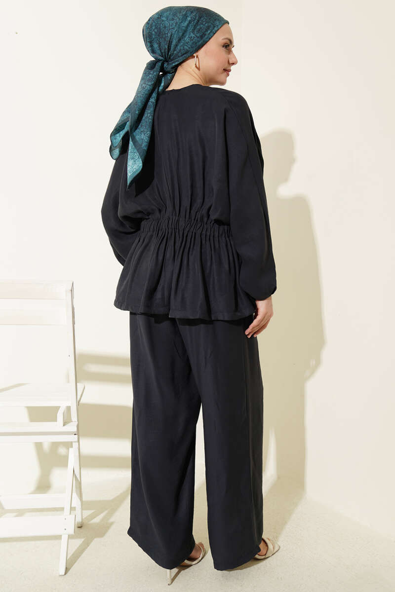 Gold-Button Set with Elastic Waist - Navy
