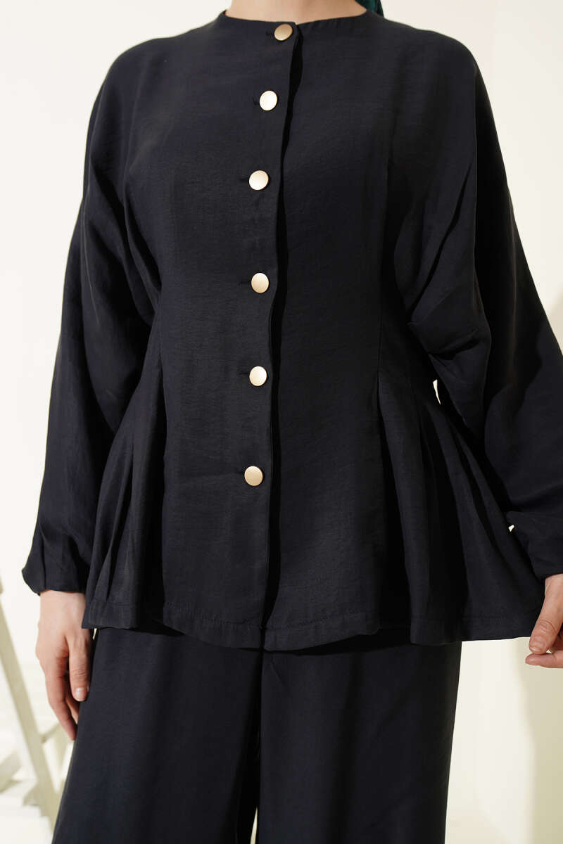 Gold-Button Set with Elastic Waist - Navy