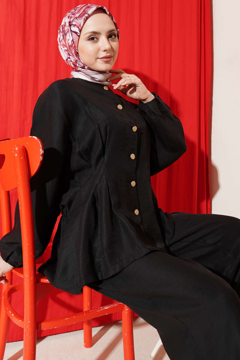 Gold-Button Set with Elastic Waist - Black