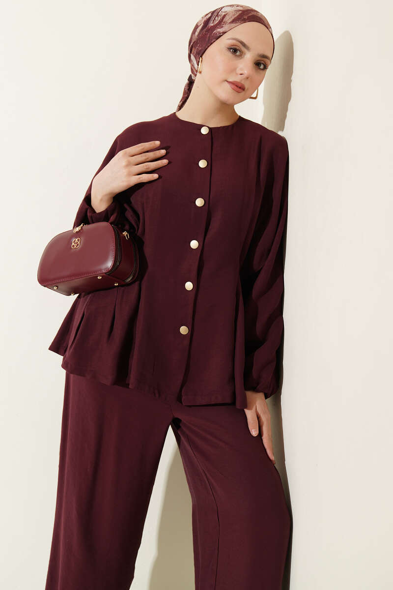 Gold-Button Set with Elastic Waist - Cherry