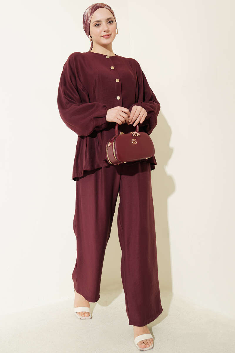 Gold-Button Set with Elastic Waist - Cherry
