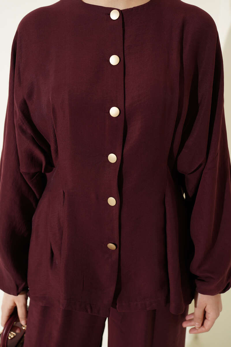 Gold-Button Set with Elastic Waist - Cherry