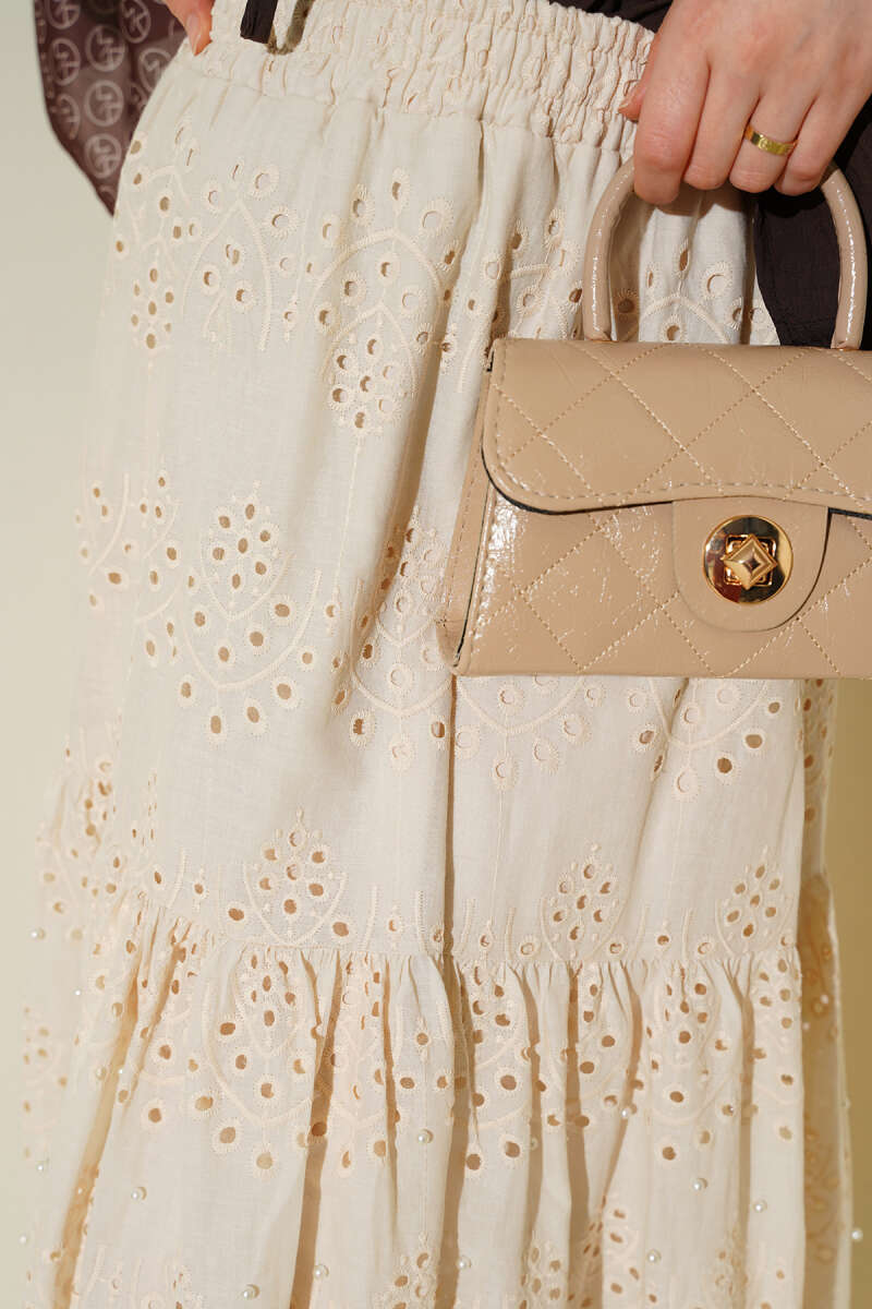 Pearl Skirt with Elastic Waist - Beige