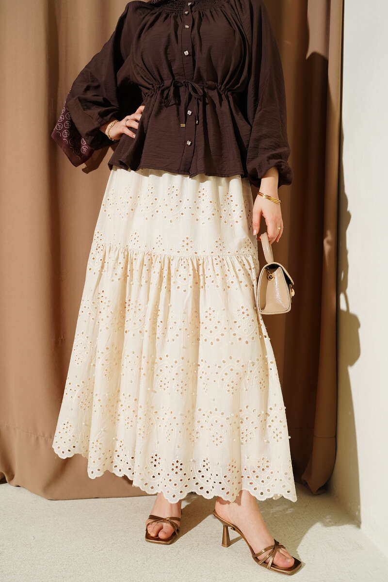 Pearl Skirt with Elastic Waist - Beige