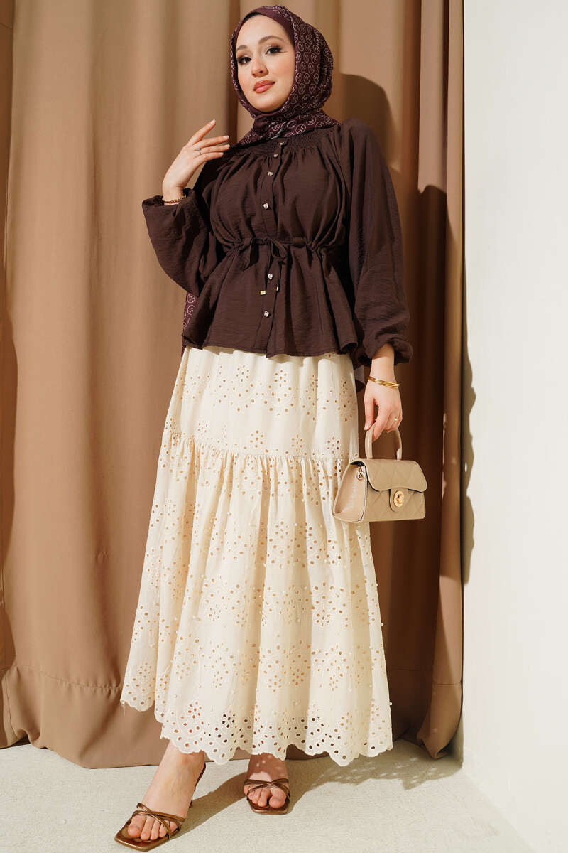 Pearl Skirt with Elastic Waist - Beige