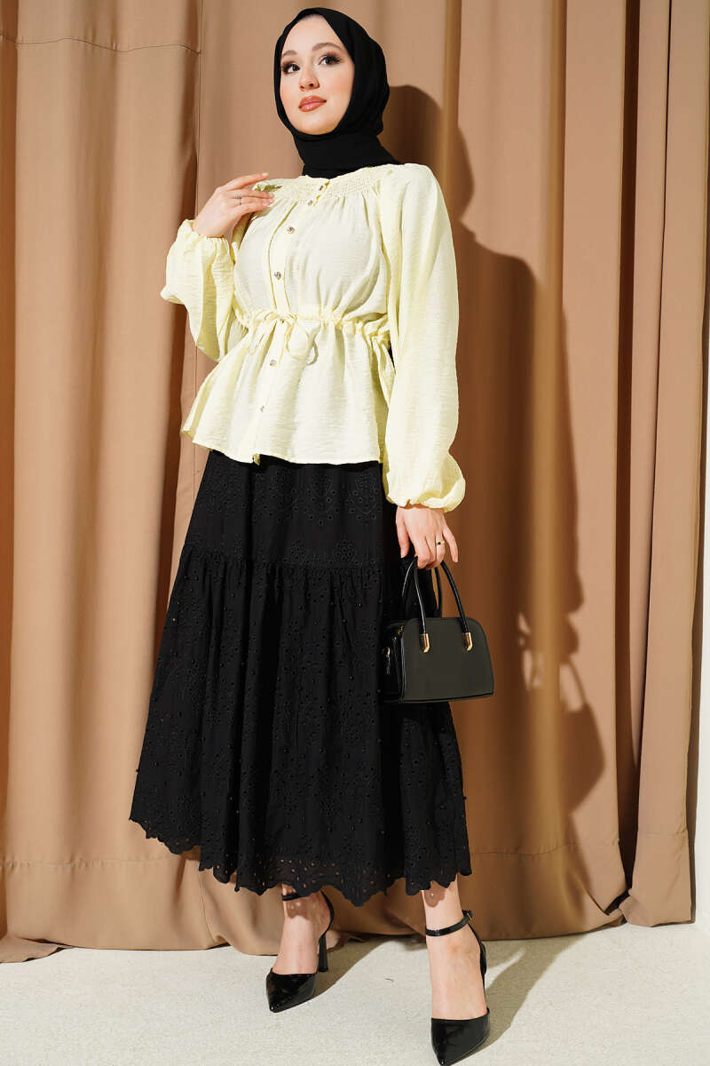 Pearl Skirt with Elastic Waist - Black