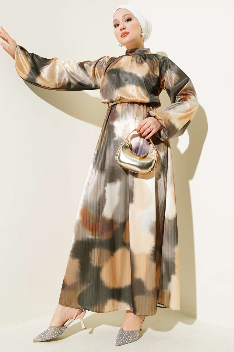Mixed Print Satin Dress with Elastic Waist - Mustard
