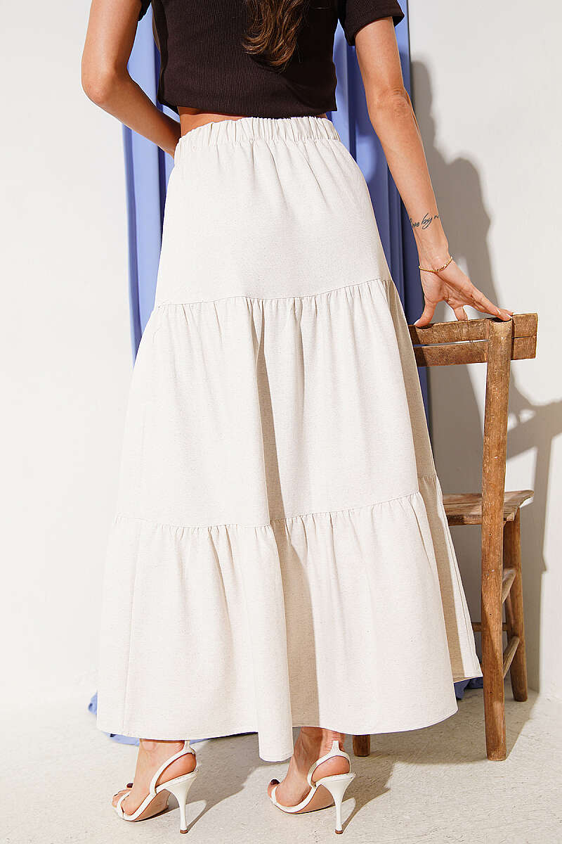 Tiered Linen-Look Skirt with Elastic Waist - Beige